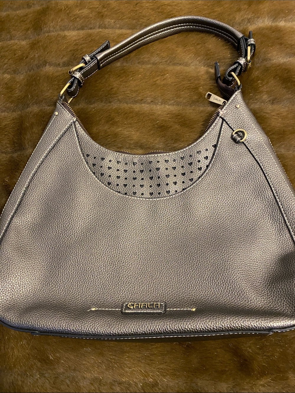 Chala gray/bronze Pebbled Leather Shoulder Bag with Perforated Accent, no wear